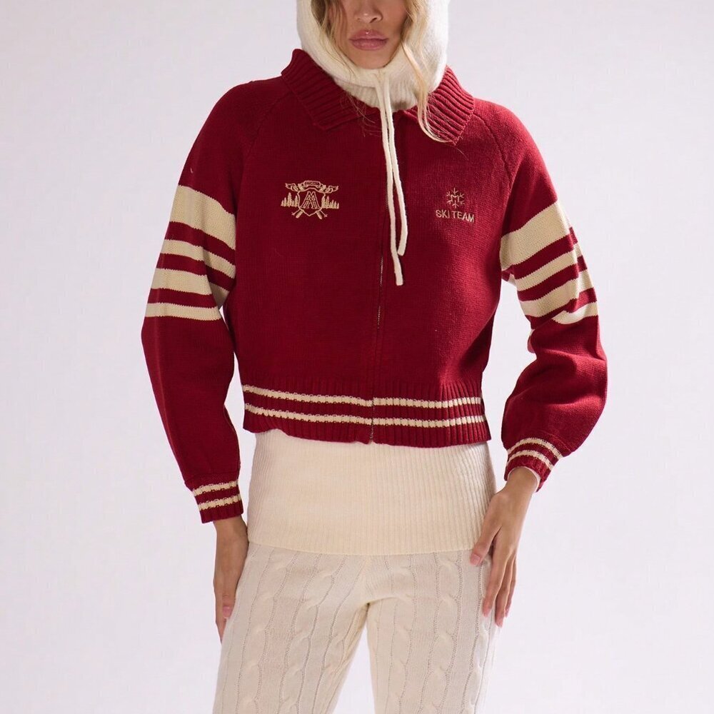 Red And White Casual Women's Embroidered Chunky Knit Stripe Cardigan - Picture 3 of 7